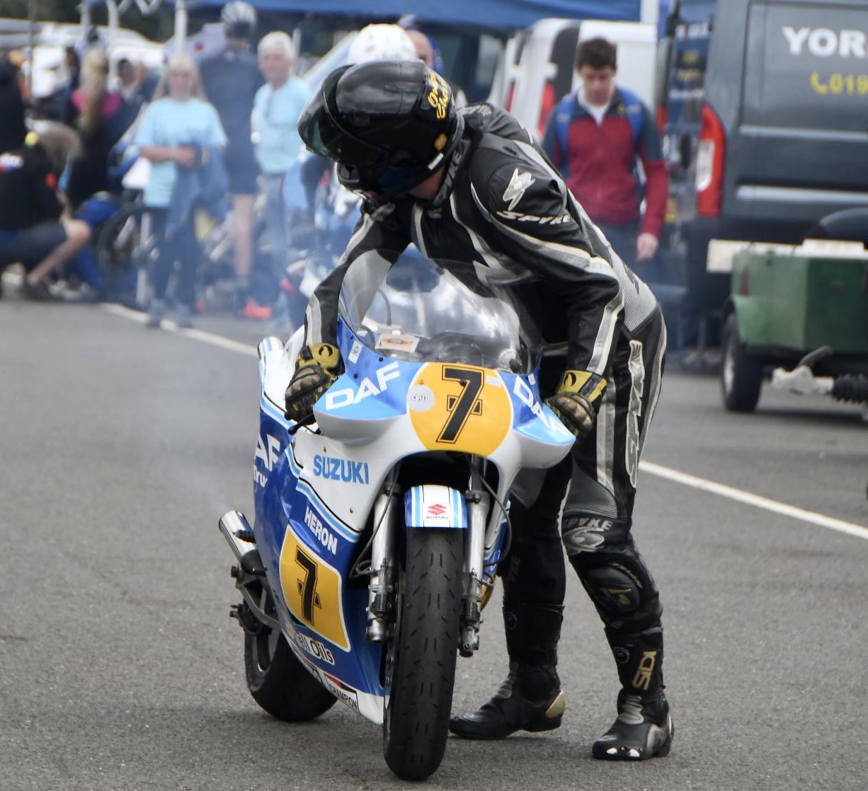 Owen with the Heron Suzuki #7 in the paddock